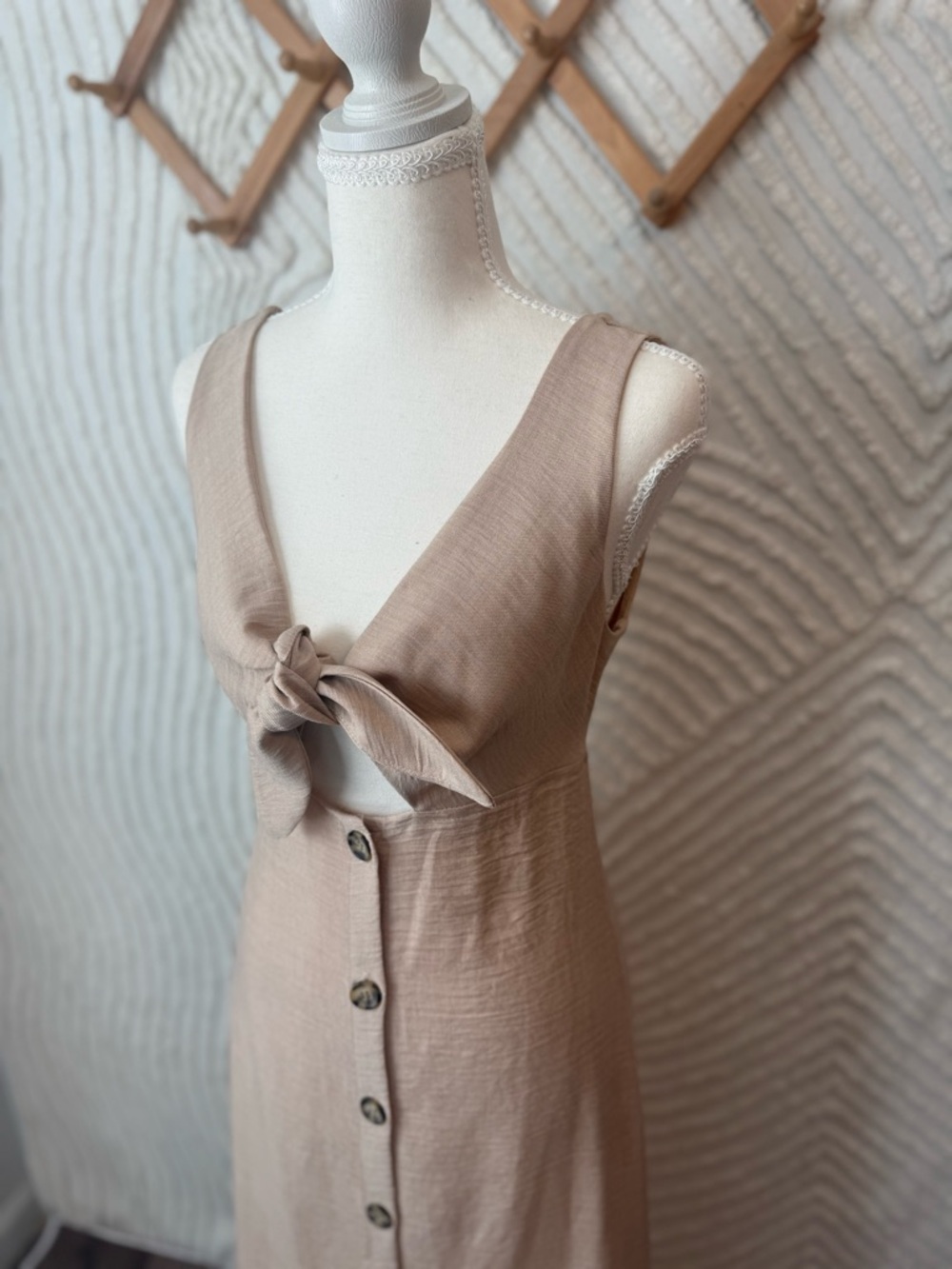 Blue Blush tan colored Tie-Front Button-Down Midi linen blend Dress - Picture 2 of 12